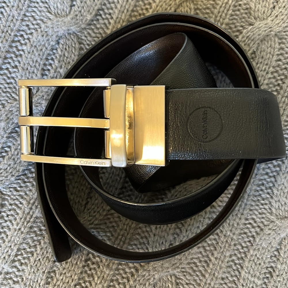 Calvin Klein Leather Reversible Belt Black Brown Silver Logo Buckle Men’s 38 EUC